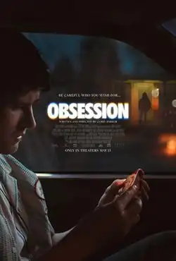 At night, a man in a car looks at a small box. In the background, a woman stands in front of the door of a house. At the center of the poster are the film's title, credits and tagline reading, "Be careful who you wish for...".