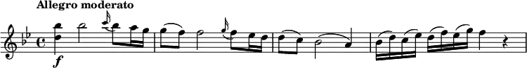 \relative c''' {
\key bes \major
\tempo "Allegro moderato"
<bes d,>4\f bes2 \grace c16(bes8) a16 g | g8(f) f2 \grace g16(f8) es16 d | d8(c) bes2(a4) | bes16(d) c(es) d(f) es(g) f4 r
}