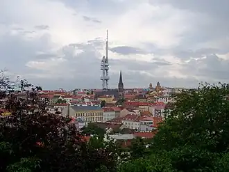 Žižkov as seen from Vítkov hill, with برج تلویزیونی ژیژکوف and St. Procopius church