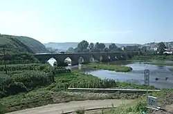 نمایی از پل راه‌آهن تاریخی روی رود مولینگ، و شهرک مولینگ در ورای آن