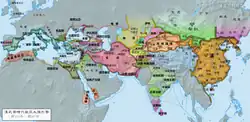Xinjiang as a protectorate of the Han dynasty in light orange color.