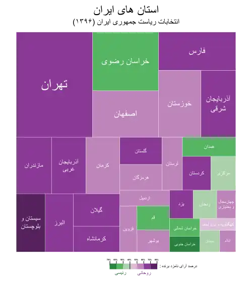 نتایج بر اساس استان (نمودار درختی). اندازهٔ هر استان بر اساس جمعیتش است