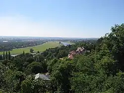 View from a low hill over a large river running towards a big city.