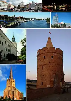 Top: Market; Old Town Hall, The اودرMiddle: National Sea Museum, Pazim buildingBottom: Ducal Castle, St James' Cathedral, Virgin Tower