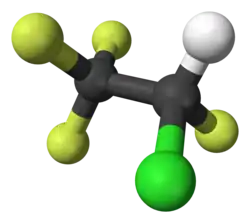 Ball-and-stick model of 2-chloro-1,1,1,2-tetrafluoroethane