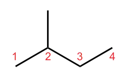 Numbered, skeletal formula of isopentane