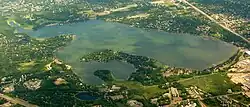 Medicine Lake juts into the eponymous body of water; it consists of the large, curving peninsula.