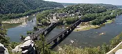 Panoramic view of Harpers Ferry from Maryland Heights, with the Shenandoah (left) and Potomac (right) rivers.