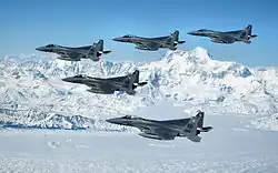جنگنده‌های F-15 Strike Eagles نیروی هوایی ایالات متحده در حال پرواز بر فراز آلاسکا.