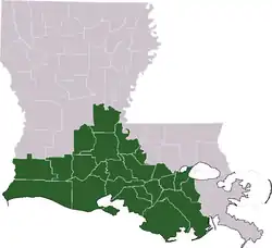 Map of Louisiana with Acadiana highlighted