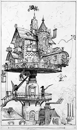 "Maison tournante aérienne" (خانه چرخان هوایی). یکی از نقاشی‌های رابیدا برای کتاب Le Vingtième Siècle ، برداشت قرن نوزدهم از زندگی در قرن بیستم. نقاشی زیر مرکب روی گرافیت ، ج. ۱۸۸۳ ، به صورت دیجیتالی بازیابی شد.
