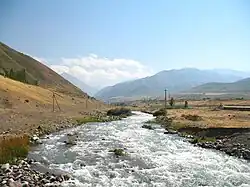 The Ak-Suu River flowing from the Narzan valley into the south end of Jardy-Suu village.