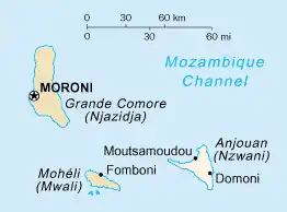 The مجمع‌الجزایر قمر islands. Anjouan is the rightmost island.