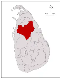 Area map of Anuradhapura District, located somewhat to the north of the centre of the country, in the North Central Province of Sri Lanka