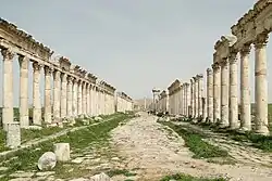 نمایی از جاده‌ای که با ستون‌هایی، برخی دارای تزئینات فریزی، احاطه شده است