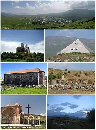 از بالا چپ:
Aparan skyline with آراگاتس to the rightMemorial to the Battle of Abaran • Mausoleum of دراستامات کانایانKasagh Basilica • Alphabet park and the statue of مخیتار گشAparan metallic cross • Dusk over Aparan