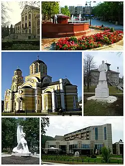 Aranđelovac- collage of image (Prince Mihailo's summer residence, The Main Square in Aranđelovac, Orthodox Church of the Holy Apostles Peter and Paul in Aranđelovac, Monument of Karađorđe in front of school in اوراشاتس (آرانجلوواتس) near Aranđelovac, Monument of sphinx in the park of Bukovička Banja, Hotel Izvor)