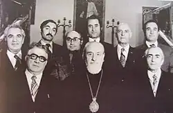 Architectural Commission of the Mother See of Holy Etchmiadzin (1970–1988). ردیف اول از چپ: وارازدات هاروتیونیان، وازگن یکم، K. Altunyan ردیف دوم از چپ: باغداسار آرزومانیان، H. Babakhanian, Grigor Khanjyan, A. Galikyan, M. Hovhannisyan
