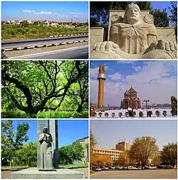 از بالا چپ:
نمایی از آرتاشات مدرن&nbsp;• مجسمه پادشاه آرتاشس اولباغ‌های زردآلو در آرتاشات&nbsp;• صومعه خور ویراپبنای یادبود جنگ جهانی دوم &nbsp;• مجسمه کوورک چاووش