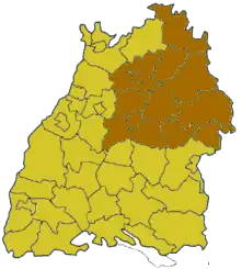 نقشهٔ ایالت Baden-Württemberg؛ قسمت روشنشده، منطقهٔ دولتی اشتوتگارتStuttgart را نشان میدهد.