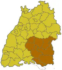 نقشهٔ ایالت Baden-Württemberg؛ قسمت روشنشده، منطقهٔ دولتی Tübingen را نشان میدهد.