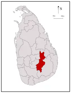 Area map of Badulla District which has its northern border near the centre of the country and extends to the south, located in the Uva Province of Sri Lanka