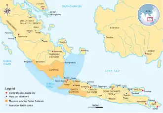 Rough extent of Banten at the death of Hasanudin, controlling both sides of تنگه سوندا