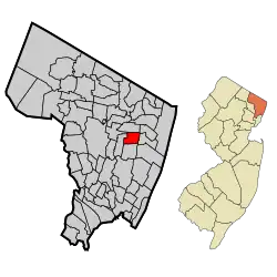 Map highlighting Dumont's location within Bergen County. Inset: Bergen County's location within New Jersey