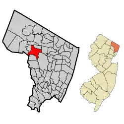 Map highlighting Ridgewood's location within Bergen County. Inset: Bergen County's location within New Jersey.