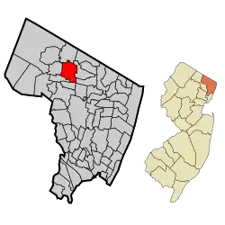Map highlighting Saddle River's location within Bergen County. Inset: Bergen County's location within New Jersey.