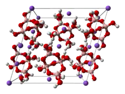 Ball-and-stick model of the unit cell of borax decahydrate