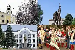 Top left:Borzna Nicholas Church, Top right:Monument to the lost countrymen, Bottom left:Borzna City Hall and Vladimir Lennin's Statue, Bottom right:Borzna Pokrovsky Fair on every October