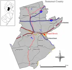 Map showing location of Bound Brook in Somerset County. Inset: Location of Somerset County highlighted in the State of New Jersey.