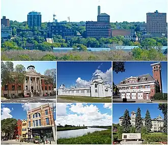 From top left to right: Brandon skyline, Brandon Court House, Dominion Exhibition Display Building II, Brandon Central Fire Station, Downtown Brandon, رود آسینیبوین، University of Brandon.