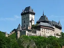 Karlštejn Castle on the top of the hill, view from below