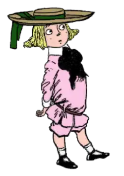 Drawing of a young blond boy wearing pink clothes and a wide-brimmed hat.