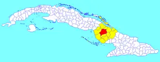 Camagüey municipality (red) withinCamagüey Province (yellow) and Cuba