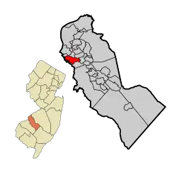 Bellmawr highlighted in Camden County. Inset: Location of Camden County highlighted in the State of New Jersey.