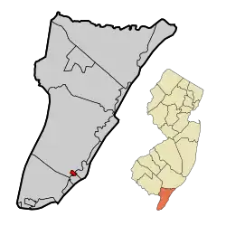 West Wildwood Borough highlighted in Cape May County. Inset map: Cape May County highlighted in the State of New Jersey.