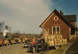 Trucks outside a starch factory in October, 1940