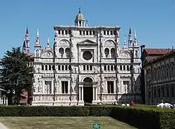 The facade of the Certosa di Pavia Monastery