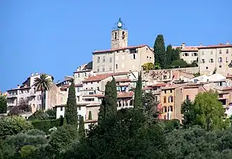 The clock tower of the church of Saint-Martin in Châteauneuf-Grasse