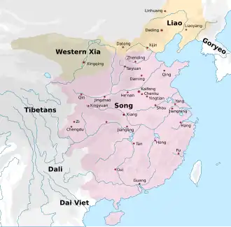 A map showing the territory of the Song, Liao, and Western Xia dynasties. The Song occupies the east half of what constitutes the territory of the modern People's Republic of China, except for the northernmost areas (modern Inner Mongolia and above). Western Xia occupies a small strip of land surrounding a river in what is now Inner Mongolia and Ningxia, and the Liao occupy a large section of what is today north-east China.