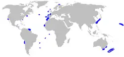 World map with blue shading in scattered spots around and in the middle of the Atlantic, and at isolated spots in the Pacific from Japan to Australia to California