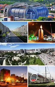 بالا: استادیوم قادر هاس، ردهٔ دوم، راست: تندیس آتاترک، ردهٔ دوم، چپ: خیابان سیواس، ردهٔ سوم: گسترهٔ اتو پارک، پایین، راست: راه‌آهن قیصریه، پایین، چپ: دژ قیصریه.