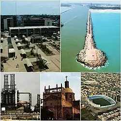 Top Left: Downtown, Miramar Beach Breakwater, Francisco I. Madero Refinery, Sagrado Corazón de Jesús Church, Tamaulipas Stadium.