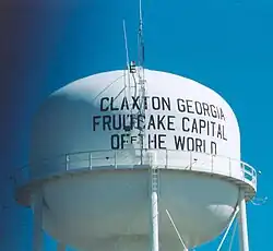 The water tower for Claxton, Georgia, celebrating its fruitcake manufacture.