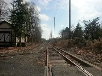 The former station depot of the Erie Railroad's Northern Branch as seen from the crossing of County Route 502 (High Street) in Closter.