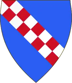 Azure, a bend counter-compony gules and argent