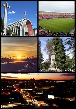 Clockwise, from top: Chillán Cathedral, Nelson Oyarzún Arenas Stadium, puente ferroviario de Ñuble, Statue of برناردو اوخیگینس،  panoramic view of the city at sunset.
